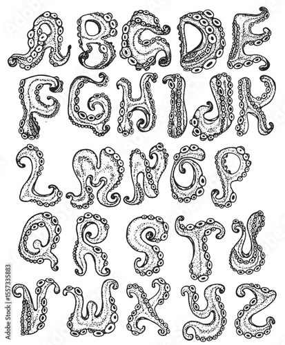 Vector Illustrations. Intricate Octopus Tentacle Alphabet HandDrawn Stylized Letters AZ. EPS Editable