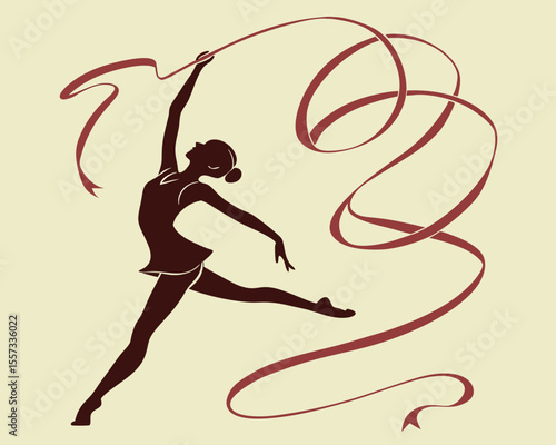 Graceful silhouette of a rhythmic gymnast performing with a flowing ribbon