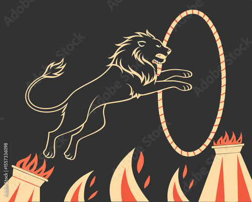 Majestic lion jumps through a burning ring in a vintage circus illustration