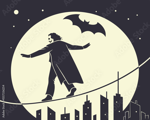Silhouette of a figure walking a tightrope over cityscape with a bat silhouette