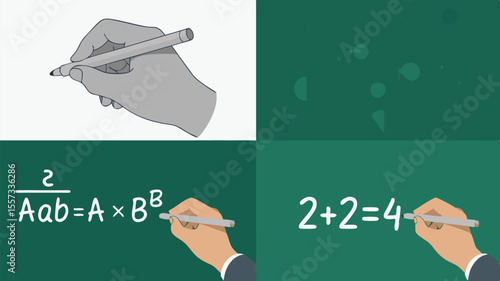 Hands Writing Math Equations and Simple Addition on a Chalkboard With Grey Pen