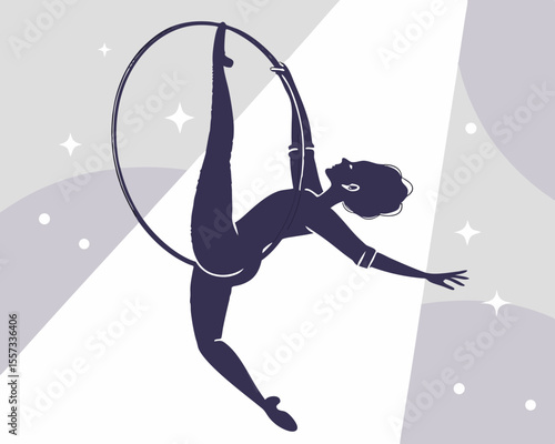 Silhouette of aerial acrobat performing on a hoop with stylish background elements