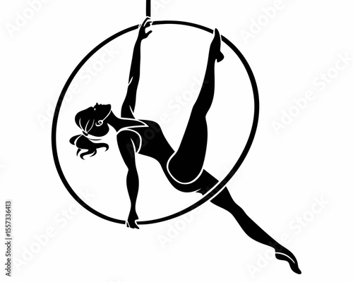 Silhouette of aerial hoop performer in graceful pose on white background