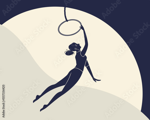 Silhouette of an aerial acrobat performing on the lyra hoop with elegant design