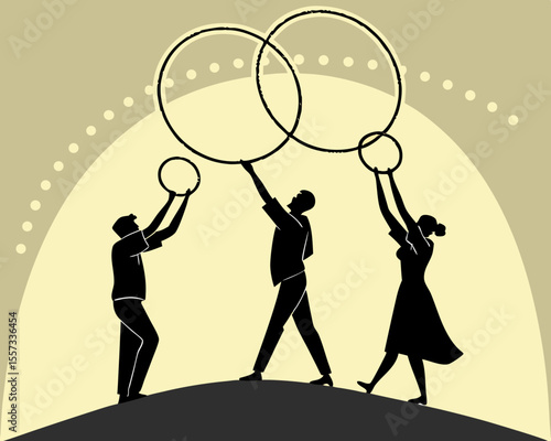 Silhouetted performers balancing circular props in a dynamic and artistic composition