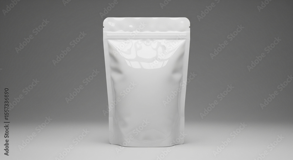 White stand-up pouch mockup on gray background, showcasing blank space for branding or product design, ideal for packaging and advertising purposes White stand-up pouch mockup on gray background, showcasing blank space for branding or product design, ideal for packaging and advertising purposes