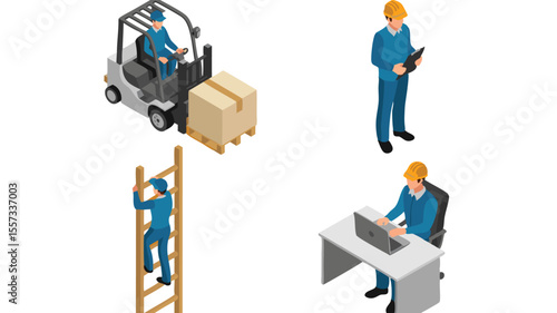 Isometric View of Workers in Various Roles Forklift, Inspection, Ladder, and Desk Job