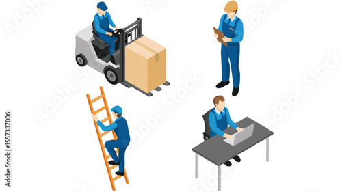 Isometric View of Workers Forklift Operator, Inspector, Ladder Climber, and Computer User, all wearing work clothes
