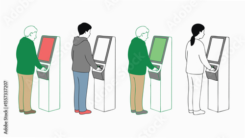 People Using SelfService Kiosks with Different Screen Colors Red, White, and Green Graphics