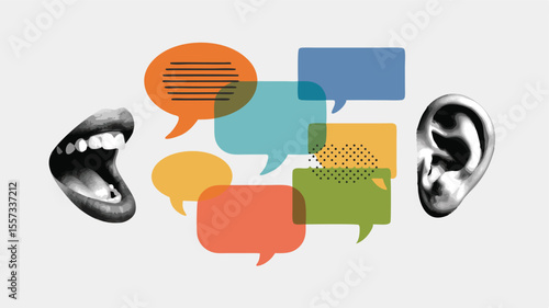Open Mouth, Ear, and Colorful Speech Bubbles Illustrating Communication on Neutral Background