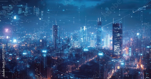 Futuristic city skyline overlaid with digital network connections