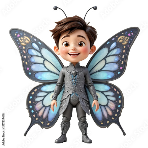 Boy With Butterfly Wings Smiles Warmly. He Wears Detailed Gray Outfit And His Multicolored Wings Evoke Magical, Joyful Tone.eps