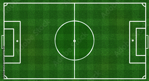full size green soccer or football field green pitch  design white center circle for kick off in stadium top down view background or banner