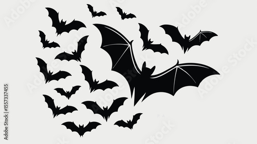 Silhouette Illustration A Swarm of Bats Flying, Large and Small, Against a Pale Background