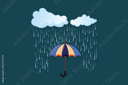 Flat pastel vector of umbrella and falling raindrops, cute cartoon style illustration ideal for rainy weather scenes, nursery decorations, and children’s storytelling visuals
