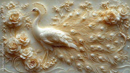Ornate peacock and rose design in a bas-relief style.