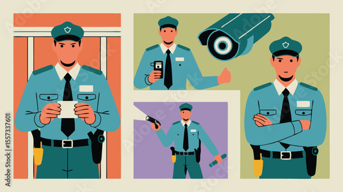 Stylized Illustration Security Guard Poses Featuring Security Camera, Flashlight, Badge, and Other Security Measures