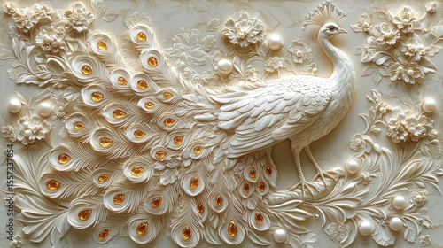 Ornate white peacock bas-relief design with gold embellishments.