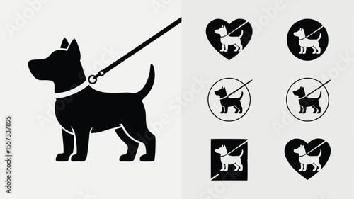 with Dog Silhouette on Leash and Variations Featuring Heart, Circle, and Square Shapes