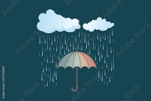 Cartoon-style umbrella with drizzle and raindrops, flat vector pastel artwork perfect for kids room wall decor, weather-themed educational materials, and background design
