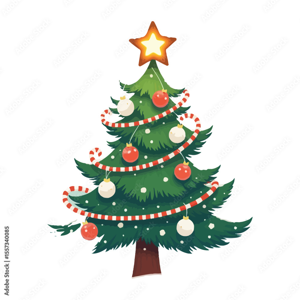 Vibrant Winter Christmas Tree Illustration with Ornaments and Snowy Background Vibrant Winter Christmas Tree Illustration with Ornaments and Snowy Background