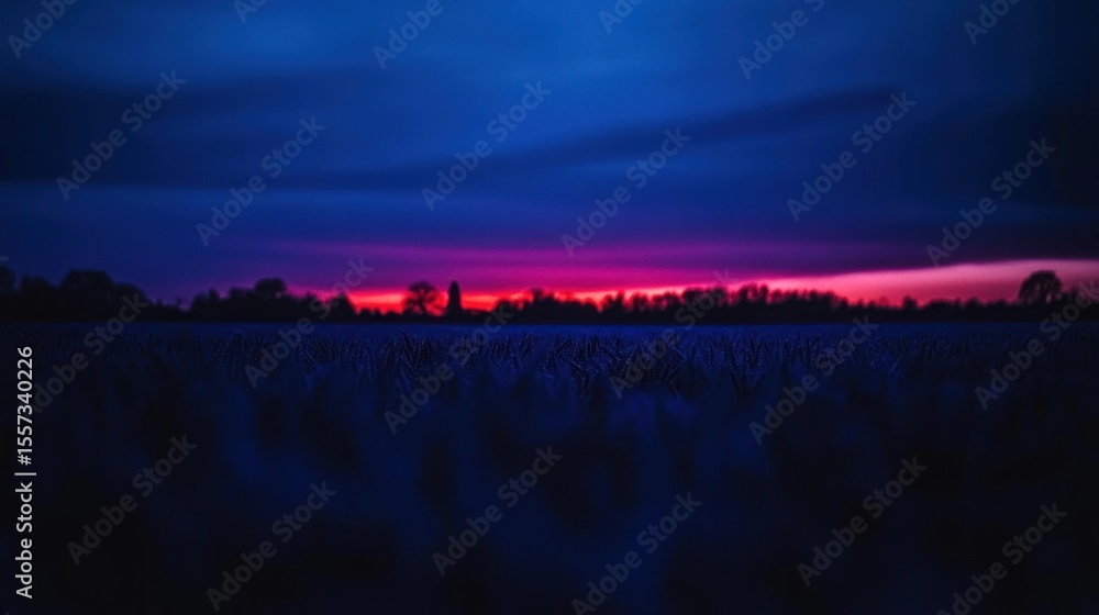 Obraz premium Twilight over a field. Dark silhouettes of plants and a colorful sunrise on the horizon.