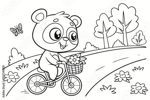 cute bear riding a bike for coloring book, coloring page, kids
