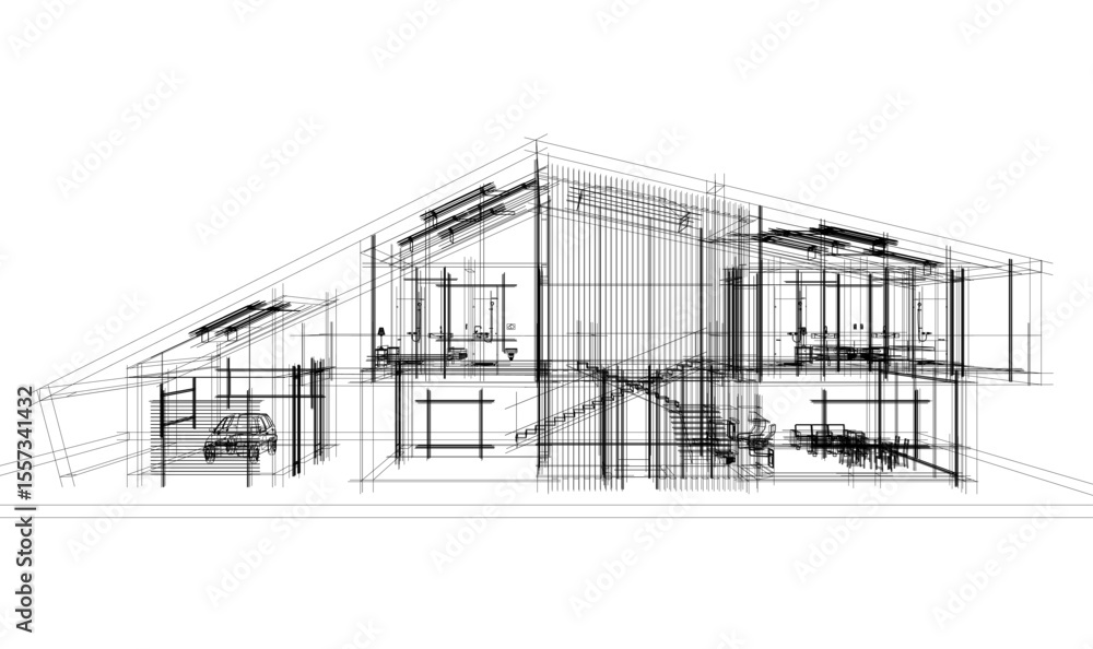 Modern house building sketch architectural 3d rendering Modern house building sketch architectural 3d rendering
