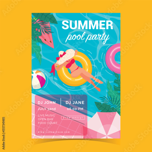 Illustration of a woman sunbathing on a pool using a swimming float on a fun summer vacation