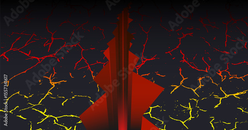 Vector dark big fiery 3d crack. Bright red yellow cracks. Earthquake, volcanic eruption. Underground failure.