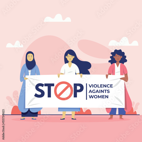 Illustration of 3 women holding a banner to commemorate the end of violence against women