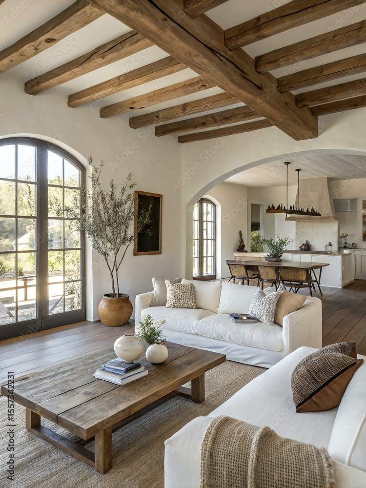 Fototapeta premium Open concept rustic living room with natural white sofas, exposed wood beams, earthy decor, and a cozy kitchen-dining space in warm neutral tones