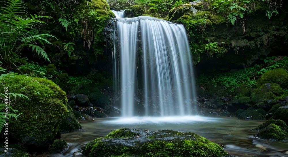 Obraz premium Serene Waterfall Cascading Through Lush Greenery Nature Photography