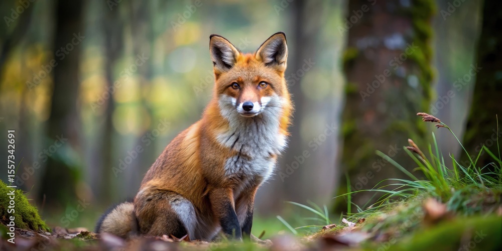 Fototapeta premium Red fox with white belly and black fur stripes in a forest setting