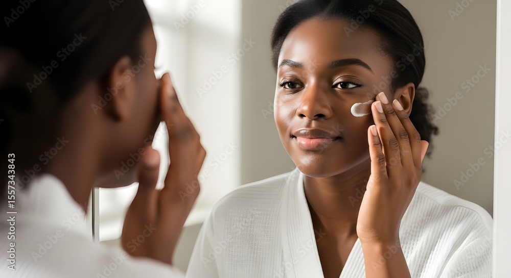 Close-up of a young Black woman applying moisturizer in front of a mirror, soft lighting, natural skin texture, serene expression Close-up of a young Black woman applying moisturizer in front of a mirror, soft lighting, natural skin texture, serene expression