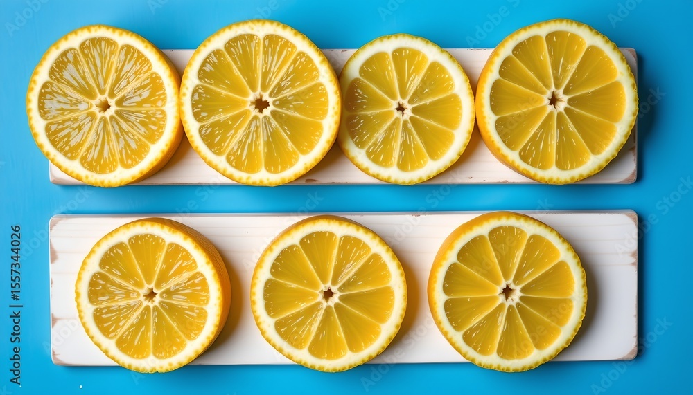 the image displays a blue background with a horizontal white stripe, resembling a wooden plank, overlaid on this strip are slices of lemon arranged in two rows the image displays a blue background with a horizontal white stripe, resembling a wooden plank, overlaid on this strip are slices of lemon arranged in two rows