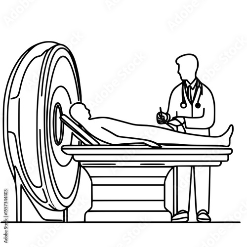 Doctor examining patient with MRI machine in medical setting - Concept of single line outline vector  