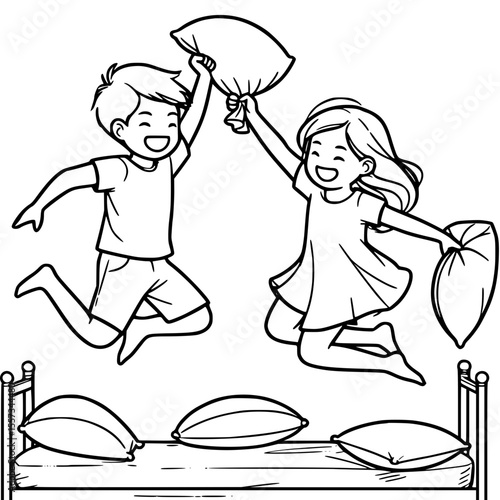 Children jumping on bed and having fun during pillow fight  