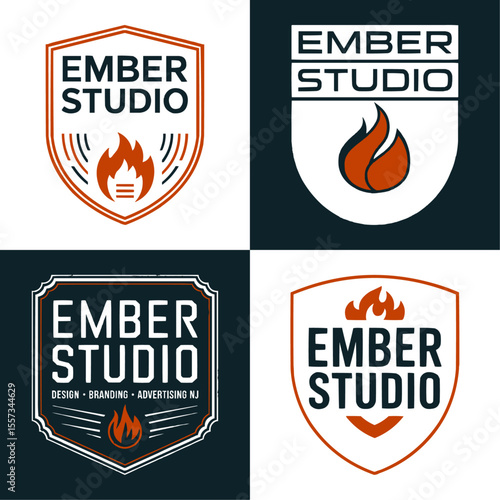 Modern ember flame logo design collection with bold typography and shield emblem for creative agency branding identity advertising marketing studio badges and digital media business templates