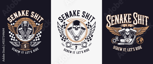 Vintage motorcycle biker gang skull emblem design with engine wings helmet and typography for t-shirt prints stickers decals or retro garage branding on dark and light backgrounds
