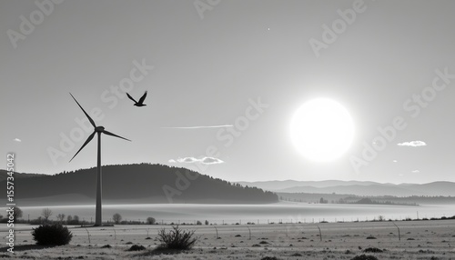 the image depicts a tranquil rural landscape, in the foreground, there is a large wind turbine on a field with small bushes scattered around, to the left of the wind turbine