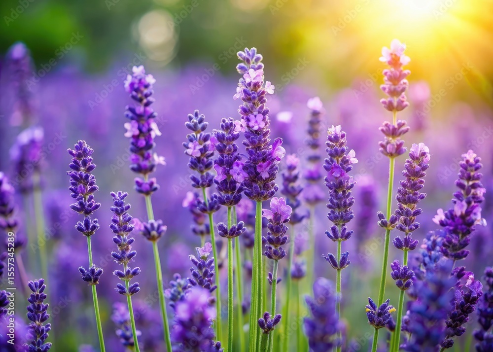 Obraz premium Close-up view of vibrant lavender flowers with green leaves in a garden or field
