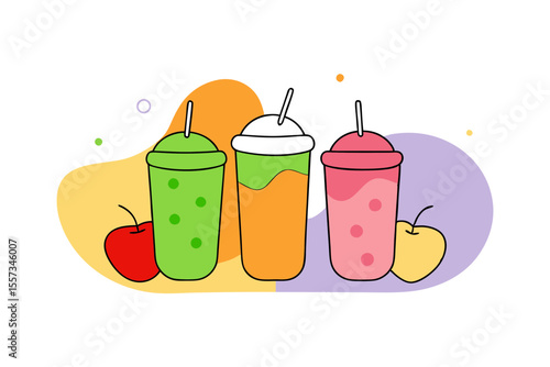Colorful fruit smoothie vector set with ingredients and jars display