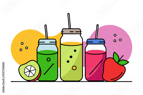 Assorted fruit smoothie jars vector with healthy ingredients layout