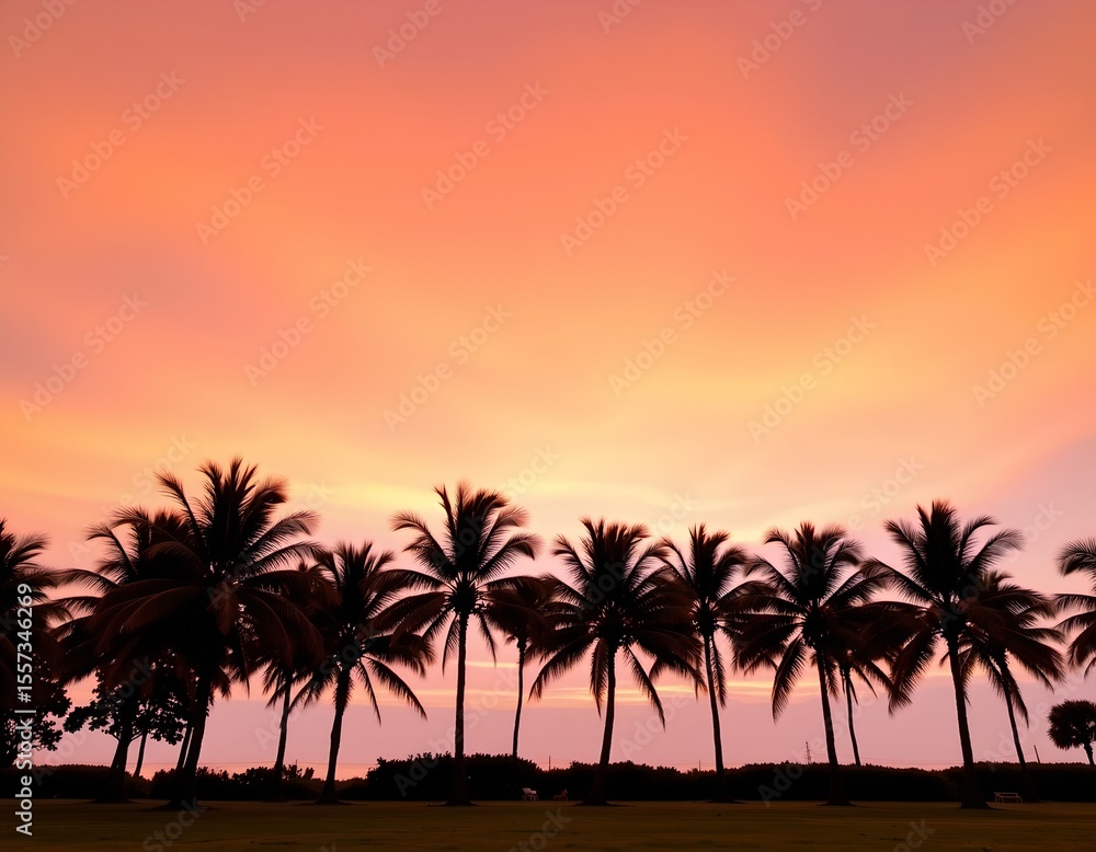 the image captures a vibrant scene of a tropical landscape at sunset, a long row of palm trees stretches across the foreground, their leaves silhouetted against the bright sky the image captures a vibrant scene of a tropical landscape at sunset, a long row of palm trees stretches across the foreground, their leaves silhouetted against the bright sky