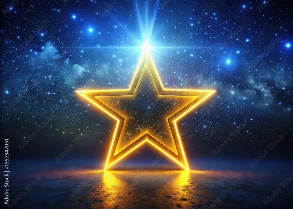 A glowing neon yellow star shining brightly against a dark and starry night sky A glowing neon yellow star shining brightly against a dark and starry night sky