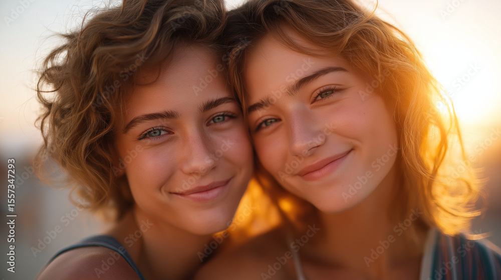 Fototapeta premium Friends singing and hugging at a beach sunset in summer