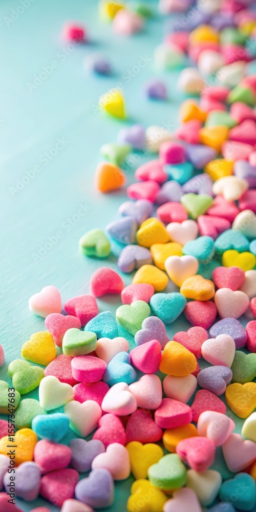 Obraz premium Colorful candy hearts scattered on a soft background