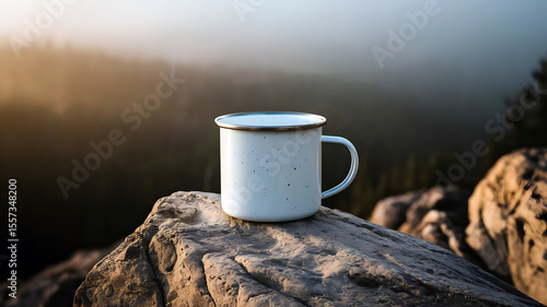 A plain enamel camping mug with a blank design sits atop a rugged, weathered rock, its surface catch