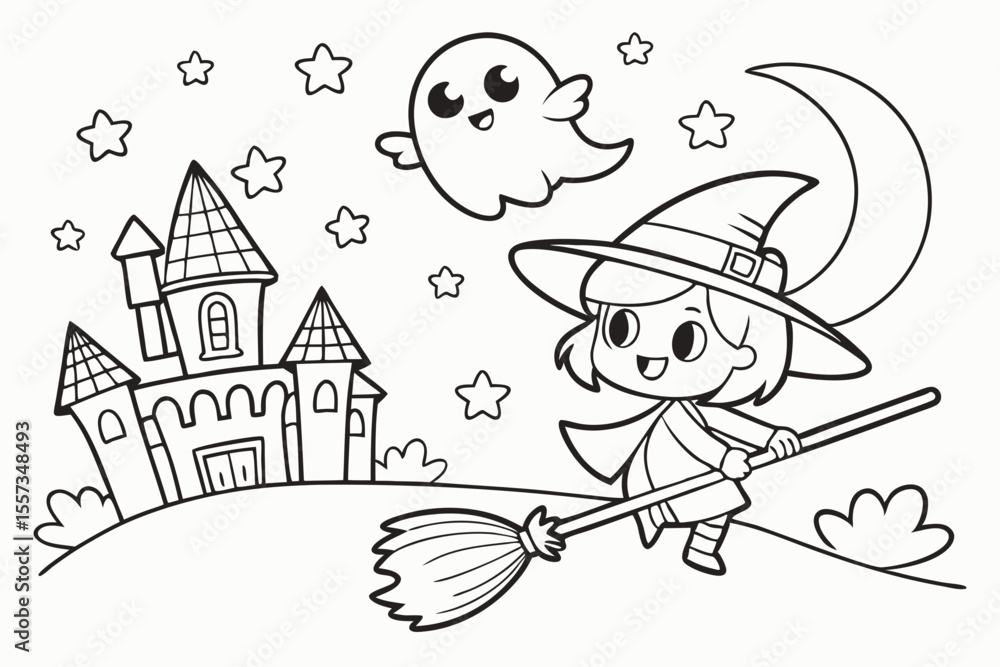 Fototapeta premium cartoon illustration of a witch with a broom for coloring book, coloring page, kids